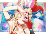  1girl animal_ears arm_up armband armpits bangs bare_shoulders blonde_hair blue_bow blush bow braid breasts bunny_choker choker club_hair_ornament commentary_request diamond_hair_ornament fox_ears fox_girl gloves hair_between_eyes hair_ornament hand_up hat heart highres hololive jester_cap long_hair looking_at_viewer makeup multicolored_hair nail_polish okanoyuno omaru_polka one_eye_closed parted_lips pink_hair playing_card_theme single_glove solo star-shaped_pupils star_(symbol) streaked_hair symbol-shaped_pupils teeth upper_body v v_over_eye violet_eyes virtual_youtuber wristband 