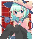  1girl black_legwear bow closed_mouth collared_shirt eyeball eyebrows_visible_through_hair frilled_sleeves frills green_eyes green_hair green_skirt hat hat_bow hat_ribbon heart heart_of_string komeiji_koishi long_sleeves looking_at_viewer ribbon shirt short_hair skirt string third_eye touhou wide_sleeves yamase yellow_bow yellow_ribbon yellow_shirt 