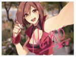  1girl birthday black_bra blurry blurry_background bra brown_eyes brown_hair commentary crop_top dated english_commentary foreshortening highres holding holding_marker jacket looking_at_viewer marker meiko open_mouth outstretched_arm plant red_jacket self_shot short_hair smile solo tree underwear upper_body vocaloid wrist_cuffs yen-mi 