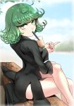  1girl bench bubble_tea bubble_tea_challenge crossed_legs drinking_straw green_eyes green_hair highres one-punch_man papaiyaa sitting tatsumaki telekinesis 