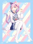  1girl :t anchor_hair_ornament animal_ear_fluff animal_ears bangs blue_hair blue_hairband blue_nails blue_ribbon blue_sailor_collar blue_skirt blush breasts cat_ears cat_girl cat_tail character_name closed_mouth commentary diagonal_stripes doughnut eyebrows_visible_through_hair food food_in_mouth frilled_sailor_collar frills full_body hair_between_eyes hair_ornament hairband hand_up highres hololive jacket knees_together_feet_apart long_sleeves medium_breasts minato_aqua mouth_hold multicolored_hair nail_polish neko_(minato_aqua) no_shoes open_clothes open_jacket pantyhose pink_hair pleated_skirt ribbon sailor_collar shirt signature sitting skirt sleeves_past_wrists striped striped_background tail tail_raised tail_ribbon taku3949 two-tone_hair v-shaped_eyebrows violet_eyes virtual_youtuber white_jacket white_legwear white_shirt 