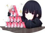  1girl black_hair bob_cut card commentary doyagao hood hoodie house_of_cards ichiki_1 original pink_eyes playing_card short_hair smug solo translated white_background 