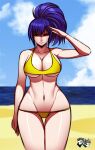  1girl alternate_costume bangs beach bikini blue_eyes blue_hair blue_sky breasts clouds cloudy_sky huge_breasts jadenkaiba leona_heidern midriff navel no_pants ocean ponytail salute serious sky solo swimsuit the_king_of_fighters underwear water watermark yellow_bikini 