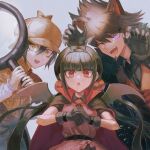  1girl 2boys :o animal_ears black_gloves black_hair brown_hair cape claw_pose claws commentary dangan_ronpa deerstalker detective dress eyelashes facial_hair fur-trimmed_gloves fur_trim gloves goatee grey_background hairband harukawa_maki hat highres holding_magnifying_glass horns long_hair magnifying_glass mole mole_under_eye momota_kaito multiple_boys new_dangan_ronpa_v3 one_eye_closed open_mouth orange_vest red_dress red_eyes saihara_shuuichi scrunchie short_hair short_sleeves simple_background smile symbol_commentary twintails upper_body upper_teeth vest violet_eyes visket53 wolf_ears yellow_eyes 