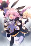  1boy 1girl astolfo_(fate) astolfo_(saber)_(fate) astolfo_(saber)_(fate)_(cosplay) bangs black_bow black_gloves black_legwear black_neckwear black_ribbon blonde_hair blush bow bowtie bradamante_(fate/grand_order) breasts cis05 closed_eyes cosplay fang fate/grand_order fate_(series) gloves gold_trim hair_between_eyes hair_intakes hippogriff layered_skirt long_hair low_twintails multicolored_hair open_mouth otoko_no_ko pink_hair ribbon skirt smile streaked_hair stuffed_animal stuffed_toy twintails very_long_hair violet_eyes white_hair 