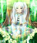  1girl absurdres belt day earrings frieren full_body grass highres jewelry long_hair looking_at_viewer morishita_hekina outdoors pointy_ears sitting solo sousou_no_frieren sunlight tree twintails white_hair 