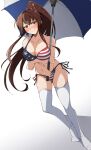  1girl american_flag_bikini asymmetrical_legwear bikini breasts brown_hair cherry_blossoms collarbone flag_print flower full_body hair_flower hair_ornament highres kantai_collection large_breasts leaning_forward long_hair looking_at_viewer nel-c ponytail red_eyes side-tie_bikini simple_background solo standing striped swimsuit thigh-highs umbrella white_background white_legwear yamato_(kantai_collection) 