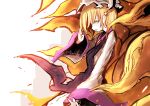  1girl bangs blonde_hair breasts dress fox_tail hand_up hat jewelry kitsune long_sleeves looking_down multiple_tails open_hands open_mouth pillow_hat short_hair simple_background solo tabard tail touhou white_background white_dress white_headwear wide_sleeves yakumo_ran yellow_eyes 