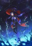  1girl bangs black_hair black_legwear blush breasts cape constellation genshin_impact gloves hair_ornament haires hat high_heels highres jewelry leotard long_hair looking_at_viewer magic_circle mona_(genshin_impact) pantyhose solo thighlet twintails water witch_hat 