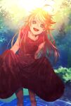  1girl :d ahoge bangs blonde_hair brown_eyes collarbone dress emma_(yakusoku_no_neverland) floating_hair hair_between_eyes highres leaning_forward long_hair looking_at_viewer navy_natsukure open_mouth red_dress skirt_hold sleeveless sleeveless_dress smile soaking_feet solo standing tattoo twitter_username very_long_hair yakusoku_no_neverland 