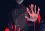  1boy black_jacket blood bloody_handprints commentary dangan_ronpa expressionless gakuran hakusoto hand_on_glass head_out_of_frame jacket male_focus muted_color new_dangan_ronpa_v3 pale_skin saihara_shuuichi school_uniform signature solo spoilers upper_body 