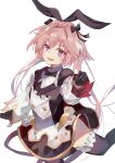  1boy absurdres animal_ears astolfo_(fate) astolfo_(saber)_(fate) black_bow black_neckwear bow bowtie eyebrows_visible_through_hair eyes_visible_through_hair fate/grand_order fate_(series) hair_bow heart highres long_hair looking_at_viewer male_focus multicolored_hair otoko_no_ko pink_eyes pink_hair rabbit_ears same_(sendai623) smile solo standing standing_on_one_leg streaked_hair twintails white_hair 