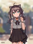  1girl :3 ahoge animal_ears belt blurry blurry_background breasts brown_hair casual cat_ears collar earrings green_eyes hololive jewelry kemonomimi_mode looking_at_viewer medium_hair natsuiro_matsuri small_breasts solo twintails user_ntzz4442 virtual_youtuber 