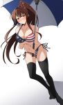  1girl american_flag_bikini asymmetrical_legwear bikini black_legwear breasts brown_hair cherry_blossoms collarbone flag_print flower full_body hair_flower hair_ornament highres kantai_collection large_breasts leaning_forward long_hair looking_at_viewer nel-c ponytail red_eyes side-tie_bikini simple_background solo standing striped swimsuit thigh-highs umbrella white_background yamato_(kantai_collection) 