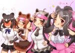 4girls ;q ahoge animal_ears arm_up bangs bare_arms bare_shoulders bear_ears bear_girl bergman&#039;s_bear_(kemono_friends) bike_shorts black_eyes black_hair blush bow bowtie bracelet breast_pocket brown_bear_(kemono_friends) brown_eyes brown_hair center_frills chibi closed_mouth coat collared_shirt commentary_request cowboy_shot elbow_gloves embarrassed empty_eyes extra_ears eyebrows_visible_through_hair ezo_brown_bear_(kemono_friends) fingerless_gloves frills fur_bracelet gloves grey_hair hakumaiya hand_on_hip hand_up headband high-waist_skirt highres jewelry kemono_friends kodiak_bear_(kemono_friends) long_hair looking_at_viewer medium_hair microskirt multiple_girls necktie nose_blush one_eye_closed open_clothes open_coat open_mouth pocket pose shirt short_sleeves shorts shorts_under_skirt side-by-side skirt sleeveless sleeveless_shirt smile suspender_skirt suspenders tongue tongue_out torn_clothes torn_sleeves trembling two-tone_background violet_eyes white_hair wing_collar wristband 