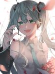  1girl absurdres blue_eyes blue_hair blue_neckwear chio_(akiciou) flower hatsune_miku headset highres looking_at_viewer necktie open_mouth petals red_flower red_rose rose solo twintails vocaloid 