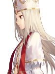  1girl 7aehyun bangs breasts capelet crown dress dress_of_heaven fate/stay_night fate_(series) heaven&#039;s_feel highres illyasviel_von_einzbern long_hair long_sleeves looking_to_the_side red_eyes sash simple_background small_breasts smile white_background white_dress white_hair 