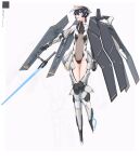  1girl black_eyes black_hair breasts energy_sword floating highres leotard mecha_musume open_hand original science_fiction shineash short_hair small_breasts solo sword weapon white_background 