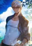  1boy absurdres alternate_costume archer brown_eyes chest dark_skin dark_skinned_male fate/grand_order fate/stay_night fate_(series) glasses highres jacket looking_at_viewer male_focus muscle open_clothes open_jacket saba_tora short_hair solo summer_casual_(fate/grand_order) tank_top toned toned_male upper_body white_hair white_tank_top 
