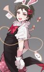  16_(0xhsk16) 1boy animal_ears arms_behind_back bangs bow brown_eyes brown_hair bunny_tail commentary_request dangan_ronpa fake_animal_ears fake_tail from_side gloves grey_background hair_bow heart heart_print highres hinata_hajime looking_at_viewer male_focus open_mouth polka_dot polka_dot_bow rabbit_ears red_bow short_hair short_sleeves solo super_dangan_ronpa_2 sweatdrop tail upper_teeth 