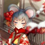  1girl :&gt; animal_ears bangs blue_eyes blurry_foreground blush bob_cut closed_mouth cluseller commentary_request cropped day flat_chest floral_print flower grey_hair hair_flower hair_ornament half-closed_eyes haori happy japanese_clothes kimono looking_at_viewer mouse_ears mouse_girl mouse_tail obi original outdoors red_flower sash short_hair smile smug snow snowing solo tail upper_body yellow_kimono 