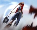  1boy axe blue_pants blue_sky blurry_foreground brown_footwear day dragon frank_leung highres holding holding_weapon jumping male_focus motion_blur open_mouth outdoors pants red_eyes redhead sky sousou_no_frieren stark_(sousou_no_frieren) weapon 