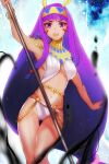  1girl :o angry animal_ears bangs bare_arms bare_legs bikini blue_background blunt_bangs bracelet cowboy_shot earrings egyptian_clothes facial_mark fate/grand_order fate_(series) hairband holding holding_staff hoop_earrings jackal_ears jewelry jun_(ash) long_hair looking_at_viewer low-tied_long_hair navel nitocris_(fate/grand_order) open_mouth purple_hair solo staff swimsuit thigh_gap usekh_collar violet_eyes white_bikini 
