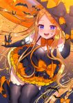  1girl abigail_williams_(fate/grand_order) akirannu bangs bat black_bow black_dress black_gloves black_headwear black_legwear blonde_hair blue_eyes blush bow braid breasts double_bun dress elbow_gloves fate/grand_order fate_(series) forehead gloves hair_bow halloween_costume hat highres long_hair looking_at_viewer multiple_bows orange_bow orange_skirt parted_bangs polka_dot polka_dot_bow sidelocks skirt small_breasts star_(symbol) thigh-highs very_long_hair witch_hat 