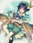  1boy absurdres bard black_hair blue_eyes blue_hair blush braid cape clouds cloudy_sky feathers flower gem genshin_impact gradient_hair green_headwear hat hat_flower highres jewelry kanna-mika leaf long_sleeves looking_at_viewer lyre male_focus multicolored_hair open_mouth otoko_no_ko shoes shorts sky smile solo thigh-highs twin_braids venti_(genshin_impact) vision_(genshin_impact) white_flower white_legwear 