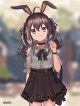  1girl :3 ahoge animal_ears belt blurry blurry_background breasts brown_hair casual collar earrings green_eyes hololive jewelry kemonomimi_mode looking_at_viewer medium_hair natsuiro_matsuri rabbit_ears small_breasts solo twintails user_ntzz4442 virtual_youtuber 