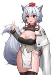  1girl absurdres ahoge alternate_costume animal_ear_fluff animal_ears arknights bangs black_legwear blush breasts cape capelet collar cosplay deaver fang grey_hair hair_between_eyes hand_on_hip hand_up hat highres inubashiri_momiji large_breasts long_sleeves looking_at_viewer open_mouth red_collar red_eyes short_hair simple_background smile solo standing tail thigh-highs thighs tokin_hat touhou v whislash_(arknights) whislash_(arknights)_(cosplay) white_background white_cape white_capelet wolf_ears wolf_tail 
