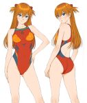  1girl ass ass_visible_through_thighs blue_eyes blush breasts brown_hair contrapposto covered_nipples hair_between_eyes hand_on_hip interface_headset licking_lips long_hair looking_at_viewer medium_breasts multiple_views neon_genesis_evangelion rebuild_of_evangelion shikinami_asuka_langley smile solo souryuu_asuka_langley tongue tongue_out watanabe_yasuaki white_background 