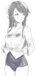  1girl blush brave_witches breasts covered_navel cowboy_shot fankupl greyscale highres karibuchi_takami long_hair looking_to_the_side medium_breasts monochrome ribbon see-through shirt solo swimsuit swimsuit_under_clothes thighs wet white_ribbon white_shirt world_witches_series 