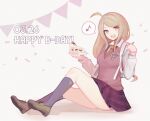  1girl ahoge akamatsu_kaede backpack bag bangs beamed_eighth_notes blonde_hair blush breasts cake commentary_request dangan_ronpa dated eighth_note food full_body hair_ornament happy_birthday holding kneehighs long_hair long_sleeves looking_at_viewer medium_breasts miniskirt musical_note musical_note_hair_ornament necktie new_dangan_ronpa_v3 nikki_(minoreos) open_mouth pleated_skirt purple_skirt randoseru school_uniform shirt shoes sitting skirt smile solo spoken_musical_note sweater_vest swept_bangs violet_eyes white_shirt 