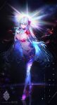  1girl a2ki armor bangs bikini_armor blue_flower breasts collarbone earrings elbow_gloves english_text fate/grand_order fate_(series) fingernails flower gloves gradient_hair hair_ribbon halo high_heels highres jewelry kama_(fate/grand_order) large_breasts long_hair looking_at_viewer multicolored_hair navel necklace pink_ribbon red_eyes revealing_clothes ribbon sharp_fingernails silver_hair smile solo space starry_background thigh-highs watermark 