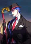  1boy alternate_costume blue_hair building cane cigar collared_shirt cu_chulainn_(fate)_(all) cu_chulainn_alter_(fate/grand_order) dark_blue_hair dark_persona earrings eilinna facepaint fate/grand_order fate_(series) fedora formal gae_bolg gloves hair_strand hat heroic_spirit_formal_dress jewelry long_hair male_focus necktie ponytail red_eyes shirt sky smoke smoking solo spiky_hair suit type-moon 