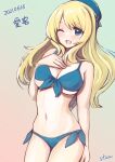  1girl artist_name atago_(kancolle) beret bikini blonde_hair blue_bikini blue_eyes blue_headwear breasts character_name commentary_request cowboy_shot dated front-tie_top gradient gradient_background hand_on_own_chest hat kantai_collection large_breasts long_hair one_eye_closed side-tie_bikini silica_(silica_silylate) solo swimsuit 