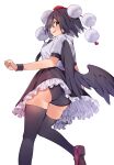  1girl :p akagashi_hagane ass black_hair black_legwear black_skirt black_wings blush breasts closed_mouth feathered_wings frilled_skirt frills from_behind hat looking_at_viewer looking_back medium_breasts mole mole_on_thigh panties pantyshot pom_pom_(clothes) red_eyes red_footwear red_headwear shameimaru_aya shirt short_sleeves simple_background skirt smile solo sweatband thigh-highs tokin_hat tongue tongue_out touhou underwear upskirt white_background white_shirt wings 