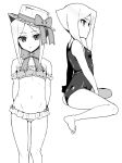  1girl arms_behind_back bikini bow character_request frilled_bikini frills future_card_buddyfight greyscale hat monochrome moyori school_uniform short_hair_with_long_locks sitting swimsuit tilted_headwear wariza white_background 