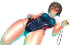  1girl ass_visible_through_thighs bangs bare_arms bare_shoulders blue_swimsuit breasts brown_eyes brown_hair collarbone commentary_request competition_swimsuit covered_navel covered_nipples cowboy_shot dutch_angle fingernails from_below girls_und_panzer hair_between_eyes hand_on_hip hand_up highleg highleg_swimsuit highres holding kilesha looking_at_viewer looking_down medium_breasts nishizumi_maho one-piece_swimsuit parted_lips red_swimsuit short_hair sidelocks simple_background solo standing stopwatch swimsuit two-tone_swimsuit watch white_background 