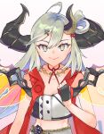  1girl artist_name black_gloves closed_mouth collarbone cropped fingerless_gloves gloves green_hair grey_eyes hair_between_eyes hair_ornament hair_ribbon hairclip highres horns long_hair multiple_horns original red_ribbon ribbon smile solo transparent watermark yun-yang 