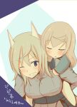  2girls animal_ears aurora_e_juutilainen blonde_hair blush breasts dutch_angle eila_ilmatar_juutilainen hair_between_eyes inoue_mitan large_breasts multiple_girls one_eye_closed piggy_bank siblings silver_hair sisters smile strike_witches violet_eyes world_witches_series younger 