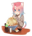  1girl :d animal_ear_fluff animal_ears bangs blue_eyes blue_hair blush bowl brown_sweater cat_ears cat_girl cat_tail chopsticks commentary_request egg eyebrows_visible_through_hair eyes_visible_through_hair food go-1 gradient_hair hair_between_eyes hands_up highres holding holding_chopsticks long_sleeves multicolored_hair open_mouth original pink_hair ribbed_sweater simple_background sleeves_past_wrists smile solo sweater tail upper_body upper_teeth white_background 