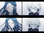  1boy 1girl aqua_eyes black_jacket blue_hair closed_eyes commentary dangan_ronpa facial_mark frown glasses gohan_(8823cobalt) gradient gradient_background happy head_tilt hetero jacket keebo long_hair new_dangan_ronpa_v3 parted_lips power_armor shirogane_tsumugi shirt short_hair simple_background smile unhappy upper_body white_shirt windowboxed 