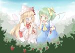  2girls arnest bangs blonde_hair blue_eyes blush bow daiyousei eyebrows_visible_through_hair fairy_wings food fruit full-face_blush green_eyes green_hair hair_bow hat lily_white long_hair looking_at_another multiple_girls open_mouth short_hair strawberry touhou wings 