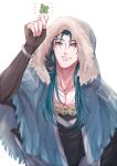  1boy blue_hair bracelet capelet clover cu_chulainn_(fate)_(all) cu_chulainn_(fate/grand_order) earrings fate/grand_order fate_(series) four-leaf_clover fur-trimmed_hood fur_trim highres holding hood hood_up hooded_capelet jewelry long_hair looking_up male_focus nova_(novalis4929) red_eyes simple_background skin_tight smile solo type-moon white_background 