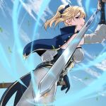  1girl bangs blonde_hair blue_capelet blue_eyes blue_gloves blue_sky bow capelet clouds coattails falling_leaves genshin_impact gloves hair_bow hair_ribbon hievasp highres holding holding_sword holding_weapon jean_gunnhildr leaf looking_to_the_side multicolored_capelet pants parted_lips ponytail ribbon sheath sky sword tight tight_pants weapon white_pants wind wind_lift 