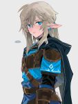  ... 1boy androgynous armor bangs belt blue_eyes brown_gloves cape closed_mouth earrings eyebrows_visible_through_hair gloves grey_background grey_hair highres jewelry kaninn link long_hair male_focus pointy_ears ponytail sidelocks simple_background solo spoken_ellipsis the_legend_of_zelda the_legend_of_zelda:_breath_of_the_wild tunic twitter_username 