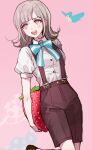  16_(0xhsk16) 1girl bangs bird blue_bow blush bow breasts brown_shorts commentary_request dangan_ronpa dress_shirt flipped_hair food fruit highres holding holding_pillow large_breasts leg_up looking_at_viewer looking_to_the_side medium_hair nanami_chiaki open_mouth pillow pink_background pink_eyes puffy_sleeves shirt shoes short_sleeves shorts smile solo strawberry strawberry_pillow striped striped_bow super_dangan_ronpa_2 suspender_shorts suspenders upper_teeth white_shirt 