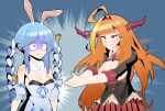  2girls ahoge animal_ears bangs blue_hair braid breasts breath_in_boi_(meme) carrot english_commentary ex-walmart_wagie food_themed_hair_ornament hair_ornament hands_together highres hololive horns kiryuu_coco large_breasts long_hair meme multiple_girls orange_eyes orange_hair rabbit_ears red_eyes small_breasts twin_braids usada_pekora very_long_hair virtual_youtuber 